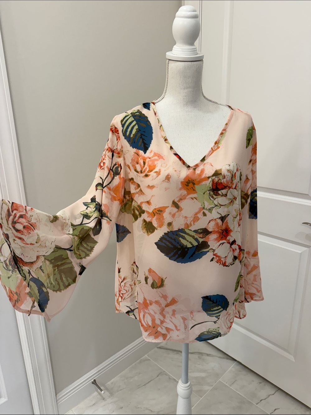 Sheer Pink Floral V-Neck Bell Sleeve Blouse